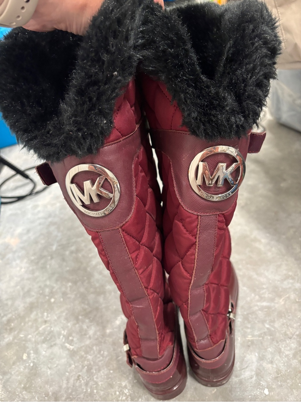 Michael Kors Quilted Burgundy Winter Boots with Black Faux Fur Trim